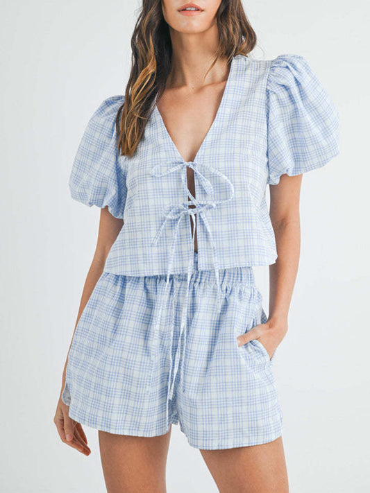 V-Neck Puff Sleeve Top and Shorts Set – Own Your Way - Znvia