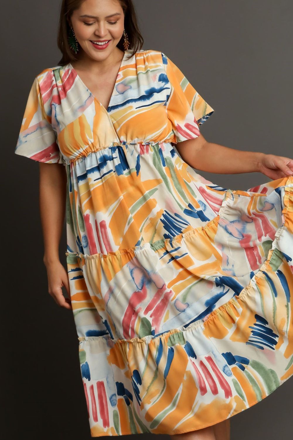 Full Size Abstract Print Flutter Sleeve Frill Tiered Midi Dress – Plus Size - Znvia