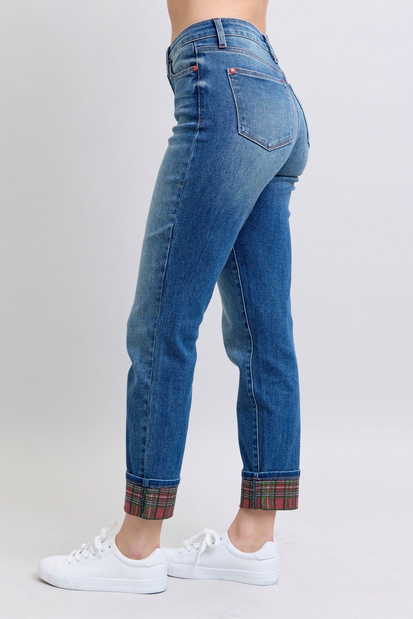 Full Size Plaid Print Cuff Straight Leg Jeans with Pockets – Where Classic Meets Contemporary - Znvia