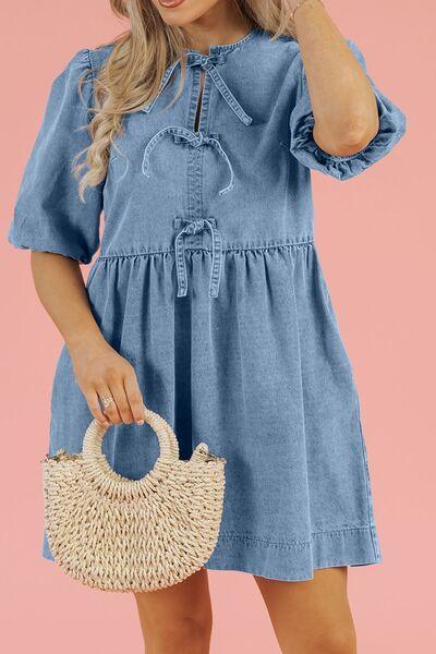 Bowknot Round Neck Half Sleeve Denim Dress – Effortless Elegance with a Chic Touch - Znvia