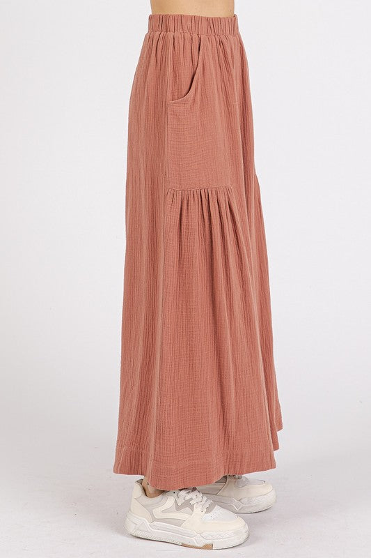 Gauze Elastic Waist Pleated Wide Leg Pants - Znvia