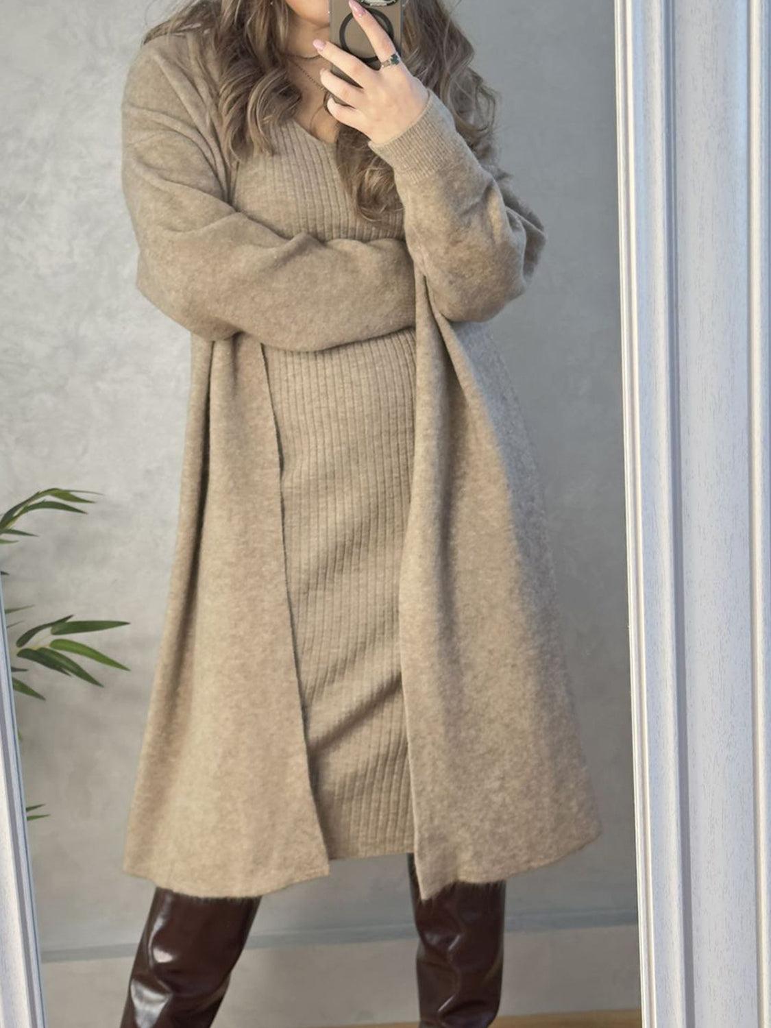 V-Neck Cami Dress and Open Front Cardigan Sweater Set – Effortless Elegance, Everyday Comfort - Znvia