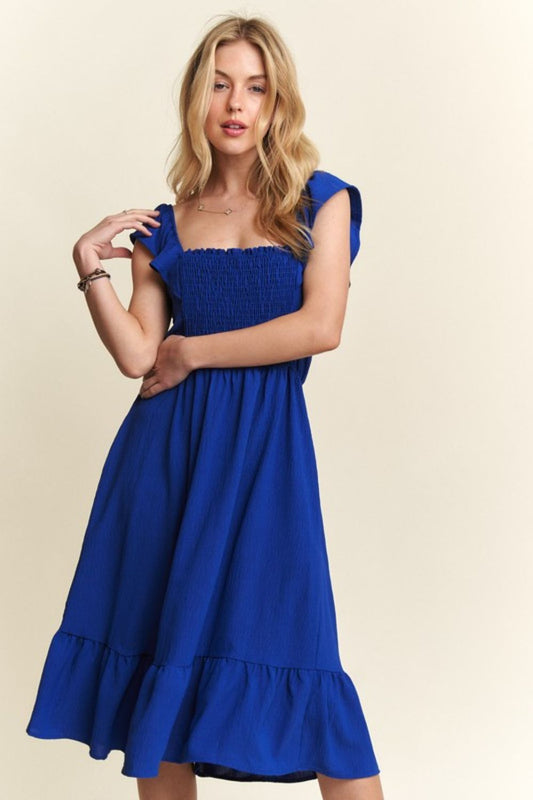 Smocked Square Neck Ruffled Cap Sleeve Dress - Znvia