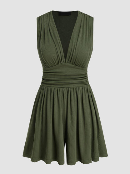 Ruched Plunge Sleeveless Romper - Znvia