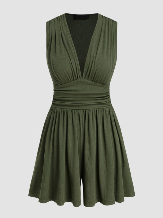 Ruched Plunge Sleeveless Romper - Znvia