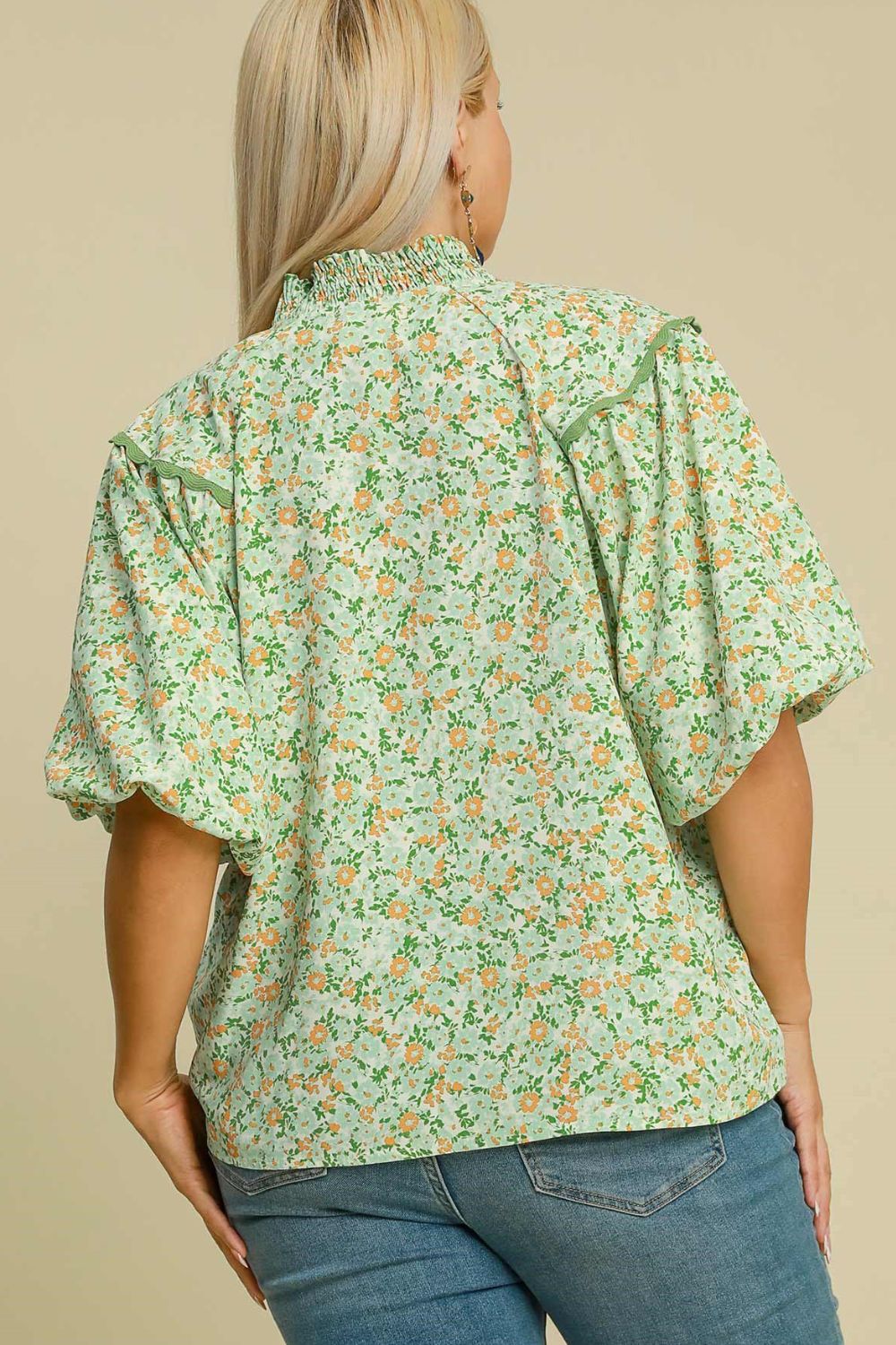 Full Size Floral Print Puff Sleeve Top – Elegant & Feminine - Znvia