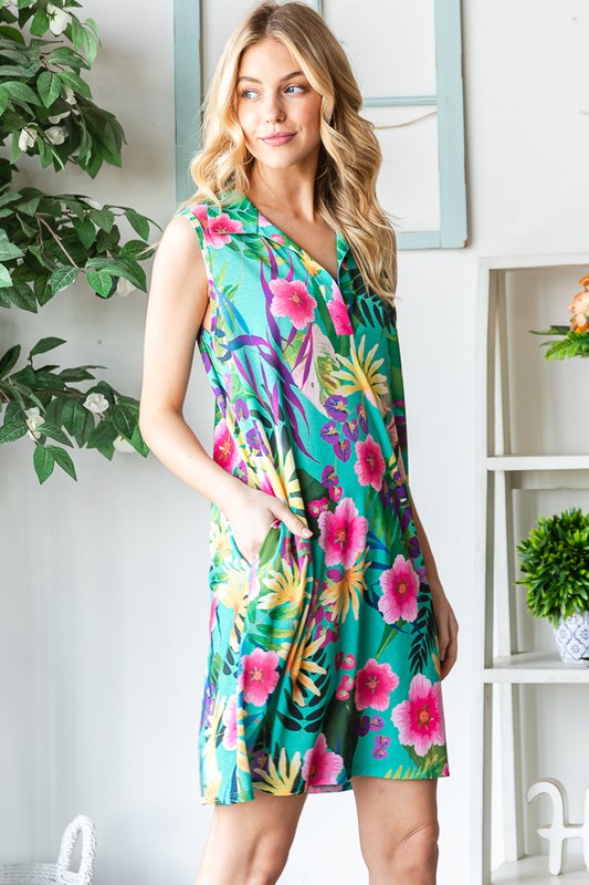 Full Size Floral Johnny Collar Sleeveless Dress Plus Size - Znvia
