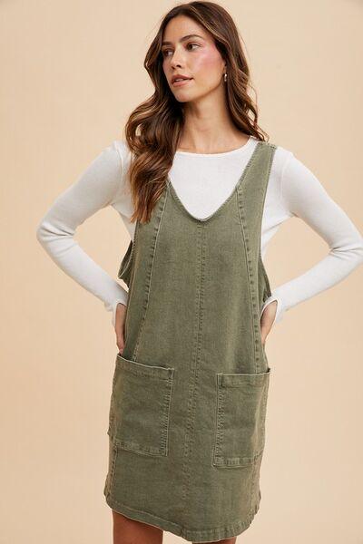 V-Neck Adjustable Strap Denim Overall Dress with Pockets - Znvia