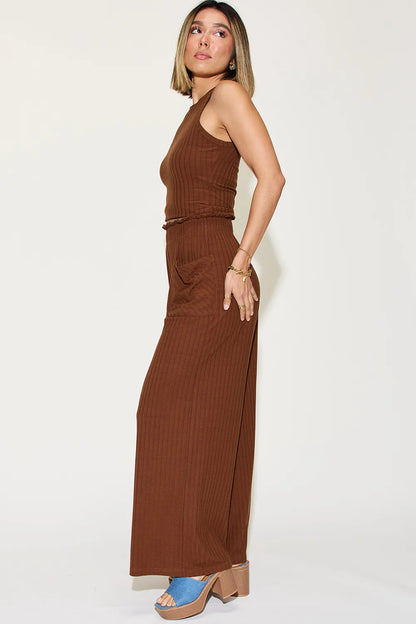 Full Size Ribbed Tank and Wide Leg Pants Set - Znvia