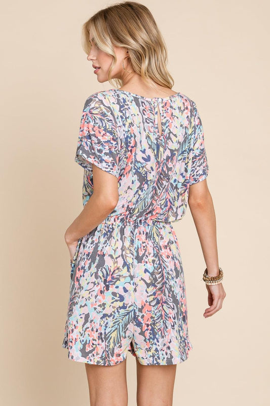 Printed Short Sleeve Drawstring Romper - Znvia