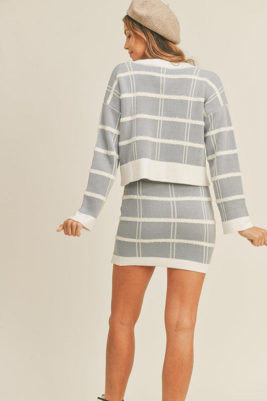 Plaid Button Down Sweater Cardigan and Mini Skirt Set - Znvia