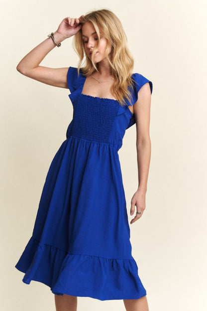 Smocked Square Neck Ruffled Cap Sleeve Dress - Znvia