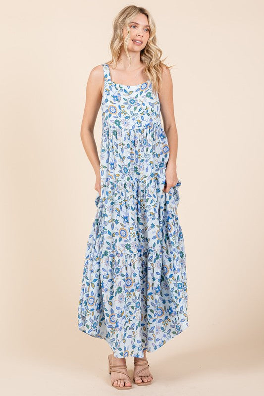 Flower Print Tiered Sleeveless Empire Maxi Dress - Znvia