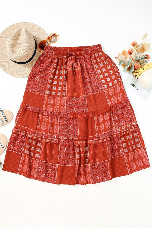 Printed Drawstring Midi Skirt - Znvia