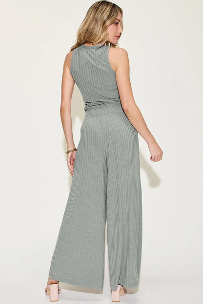 Full Size Ribbed Tank and Wide Leg Pants Set - Znvia