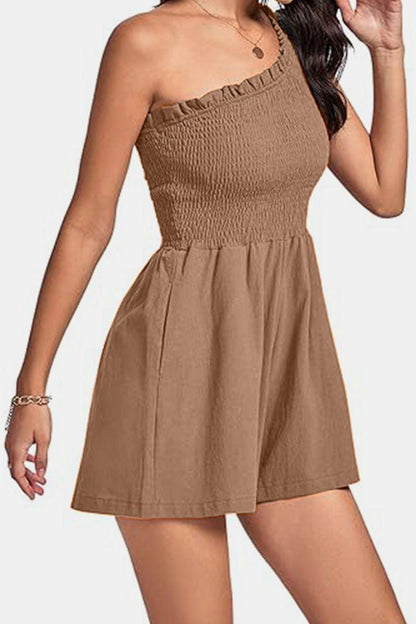 Smocked Single Shoulder Romper - Znvia