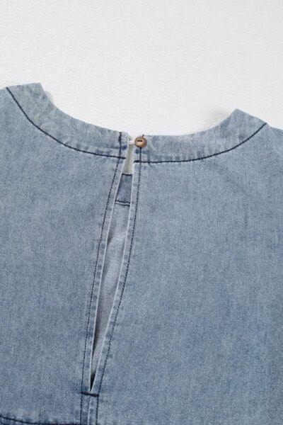 Cutout Round Neck Balloon Sleeve Denim Dress - Znvia