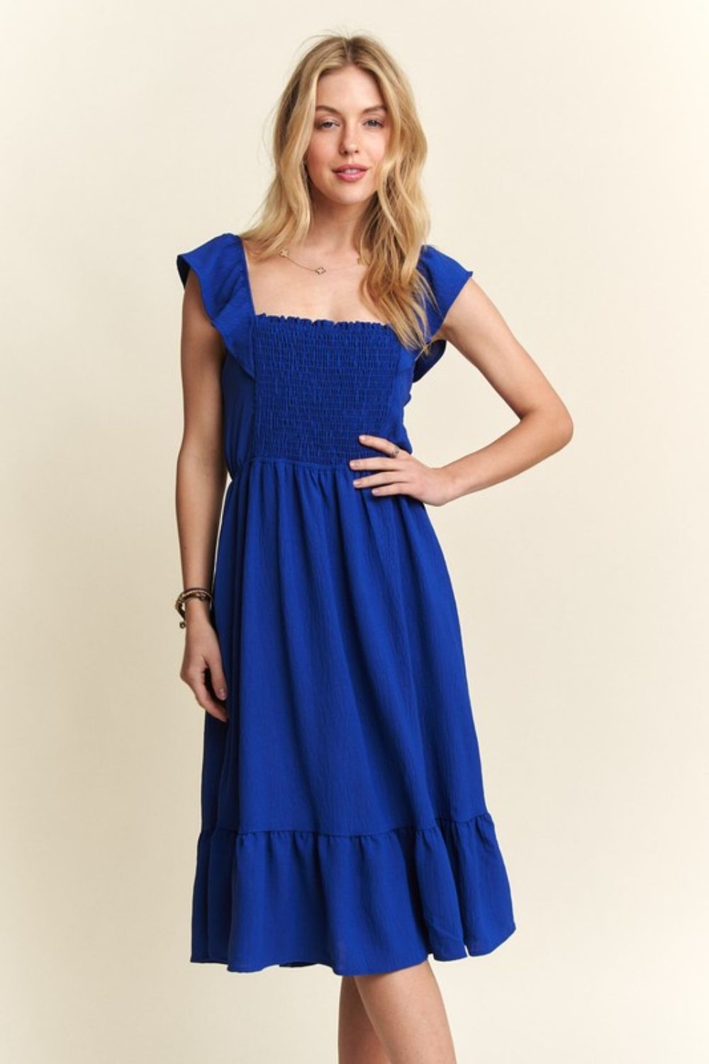 Smocked Square Neck Ruffled Cap Sleeve Dress - Znvia