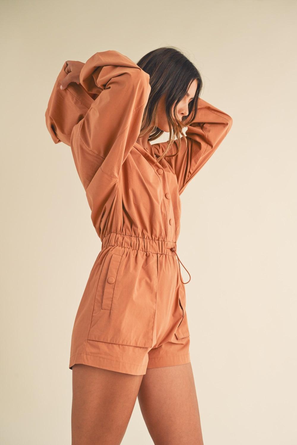 Snap Down Long Sleeve Hooded Romper - Znvia
