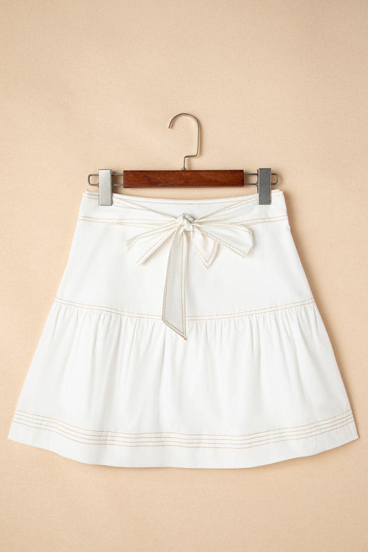 Contrast Stitching Trim Knotted High Waist A-Line Mini Skirt - Znvia
