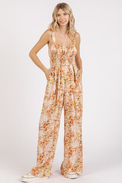 Flower Print Gathered Bust Sleeveless Jumpsuit - Znvia