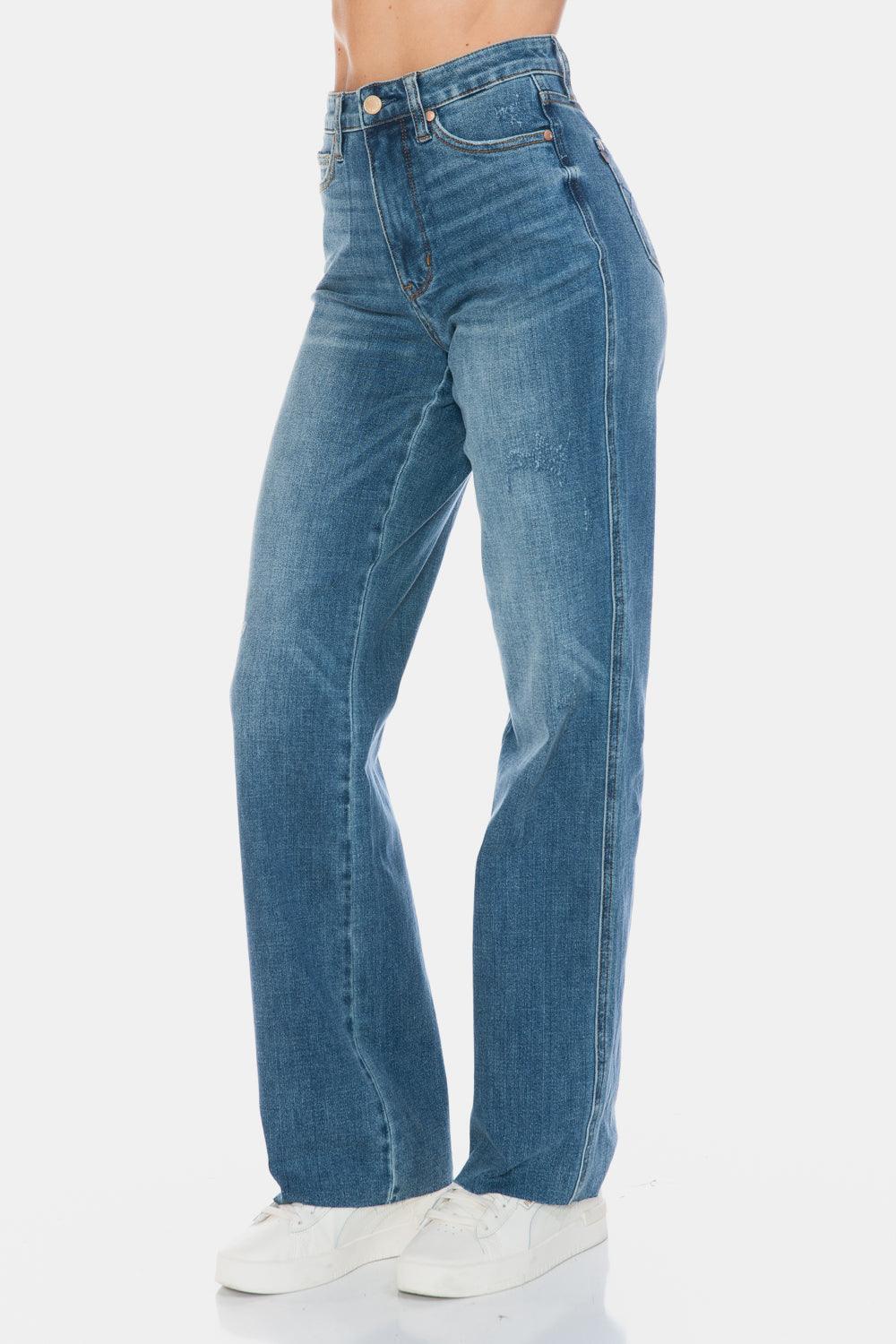 Blue Full Size Tummy Control Cut Raw Hem Straight Jeans – Chic Style Meets All-Day Comfort - Znvia