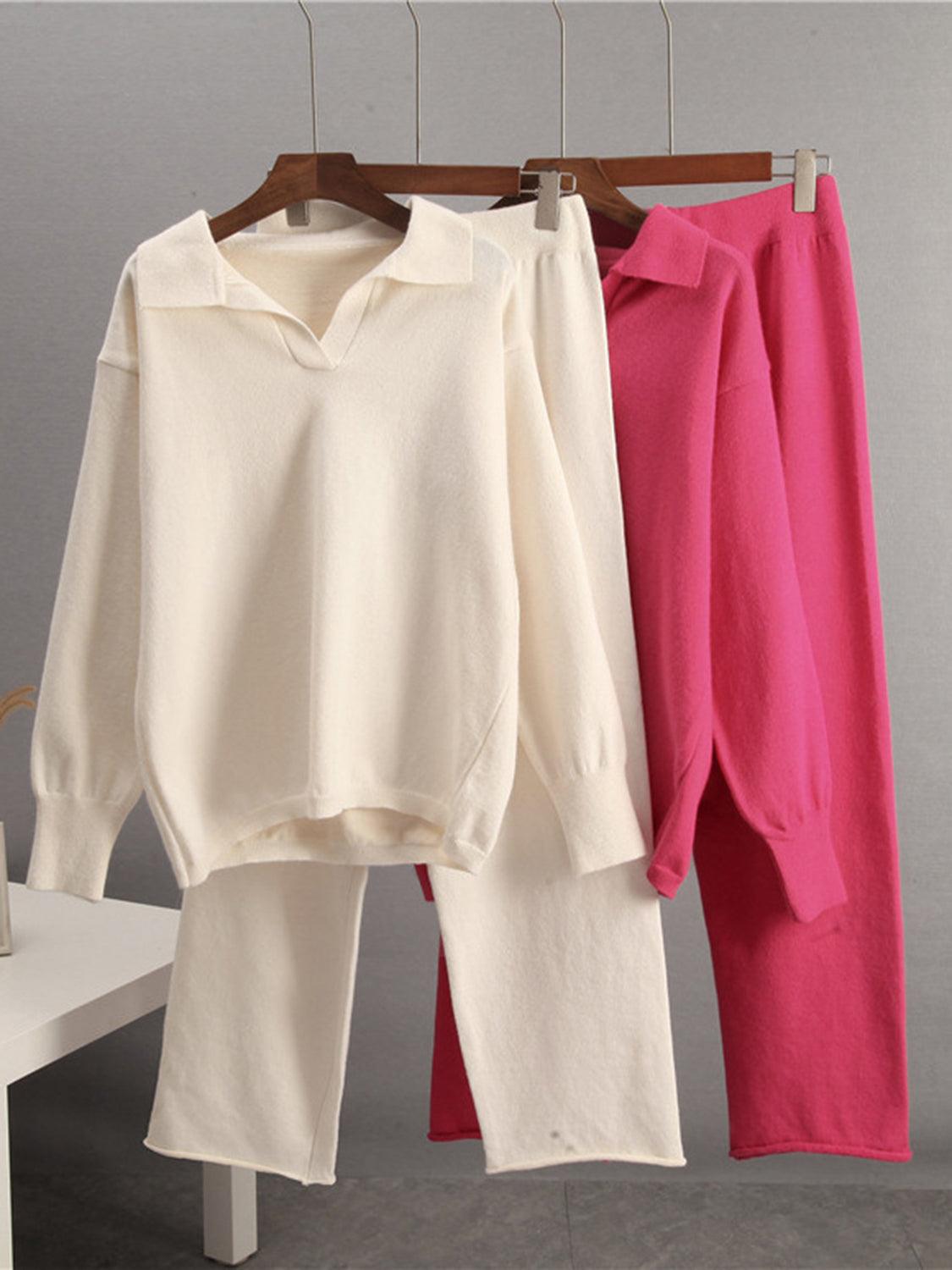 Johnny Collar Long Sleeve Top and Pants Sweater Set – Effortless Style and Comfort - Znvia