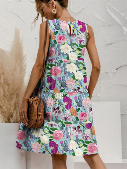 Printed Round Neck Sleeveless Tiered Dress - Znvia