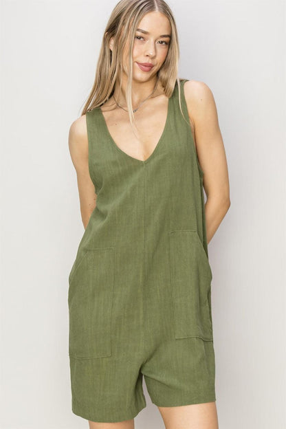 V-Neck Sleeveless Romper with Pockets - Znvia