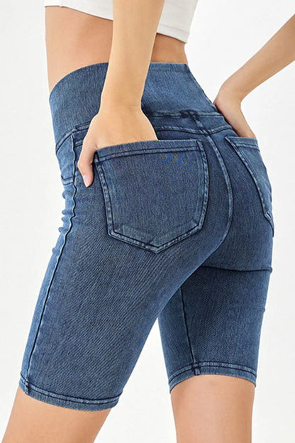 Asymmetrical Waist Denim Shorts with Pockets - Znvia
