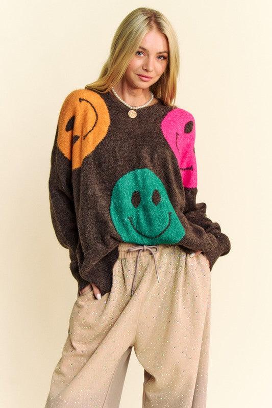 Contrast Smile Round Neck Oversize Sweater - Znvia