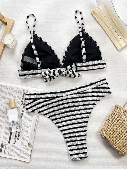 Stylish Striped V-Neck Two-Piece Swim Set for Comfort - Znvia
