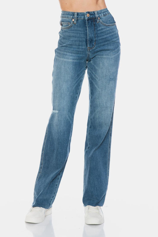 Blue Full Size Tummy Control Cut Raw Hem Straight Jeans – Chic Style Meets All-Day Comfort - Znvia