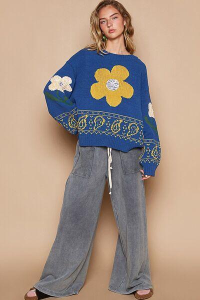 Flower Lace Patch Long Sleeve Sweater - Znvia
