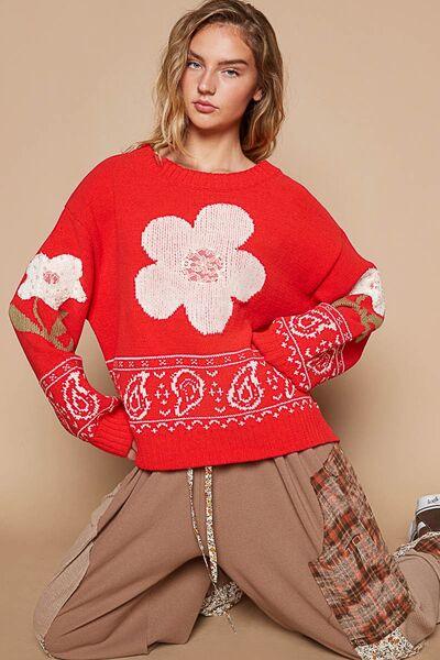 Flower Lace Patch Long Sleeve Sweater - Znvia